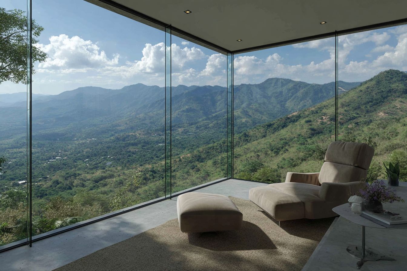 Modern interior lounge with mountain view