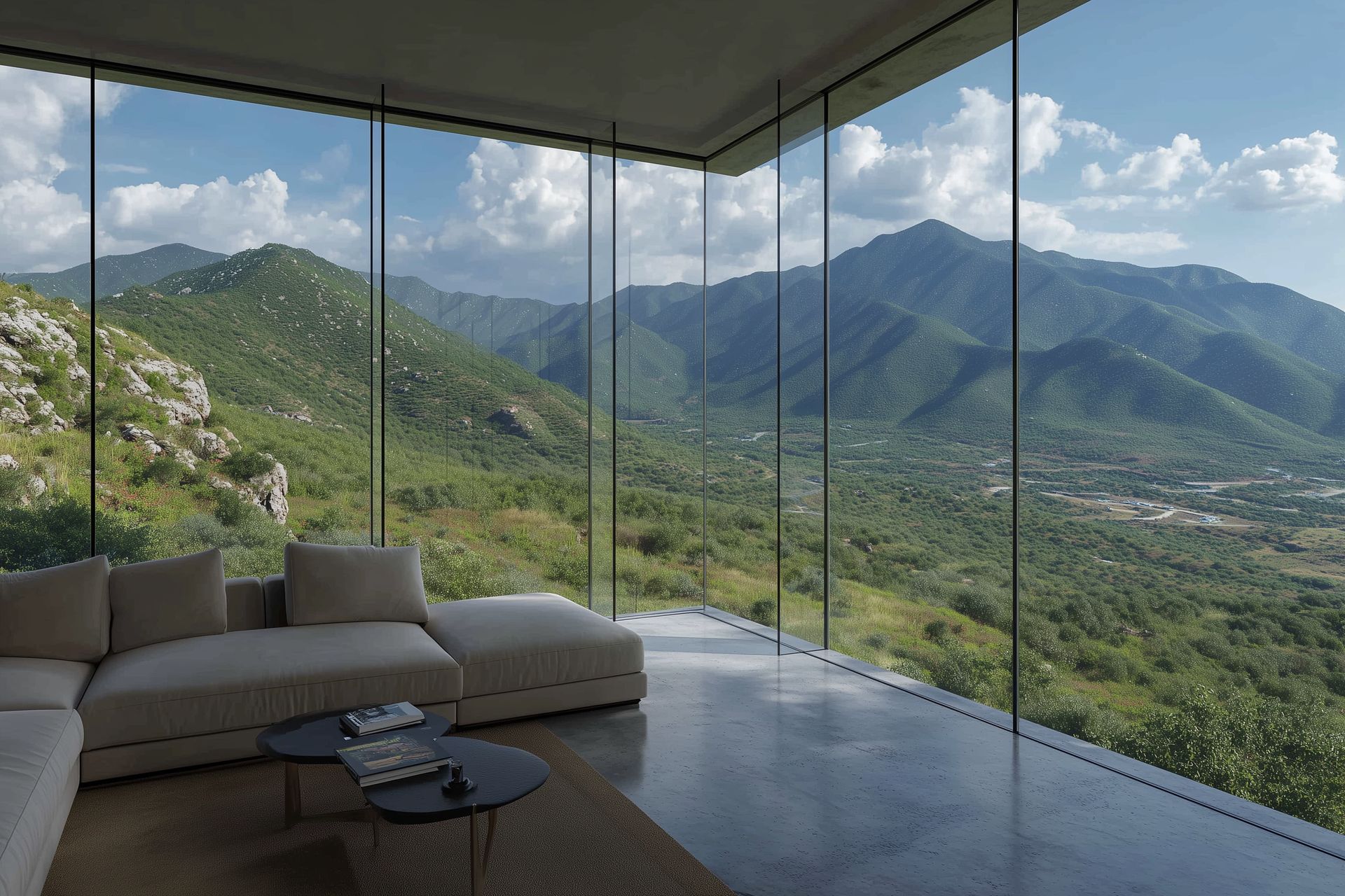 Mountain landscape with modern interior